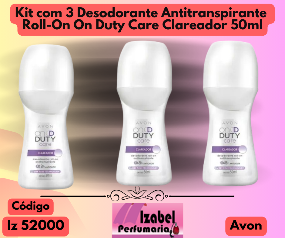 Kit com 3 unidades desodorante Antitranspirante Roll-On On Duty Care Clareador 50ml