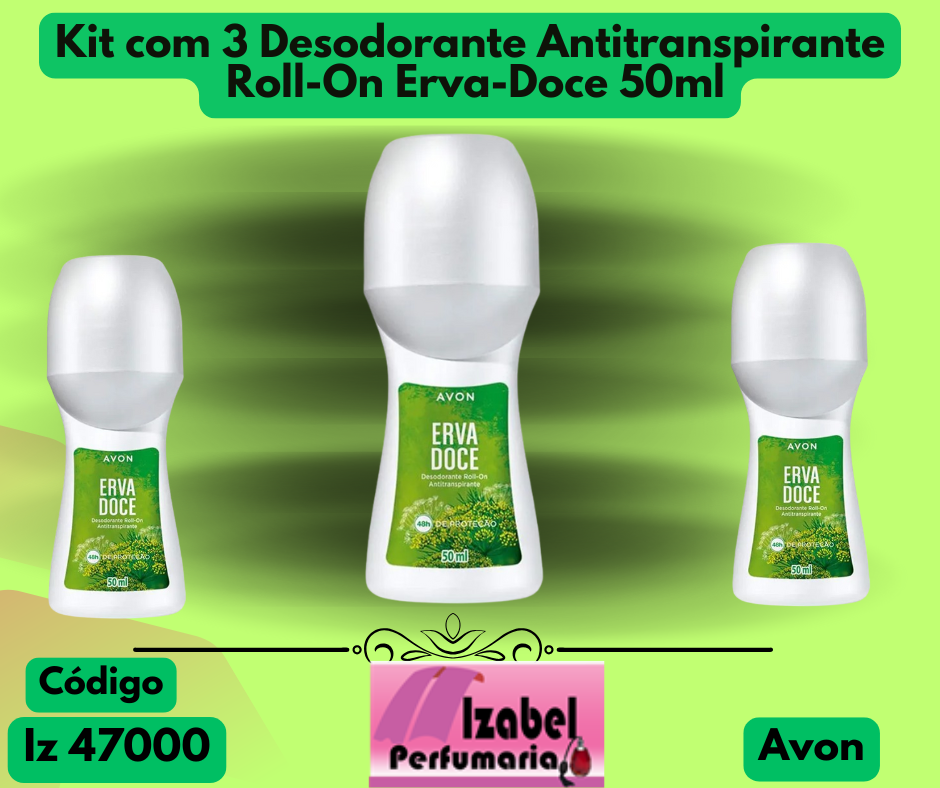 Kit com 3 Unidades desodorante Antitranspirante Roll-On Erva-Doce 50ml