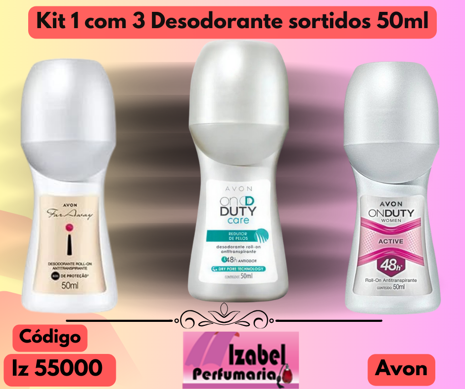 Kit 1 com 3 unidades Desodorante Antitranspirante Roll-On sortidos 50ml